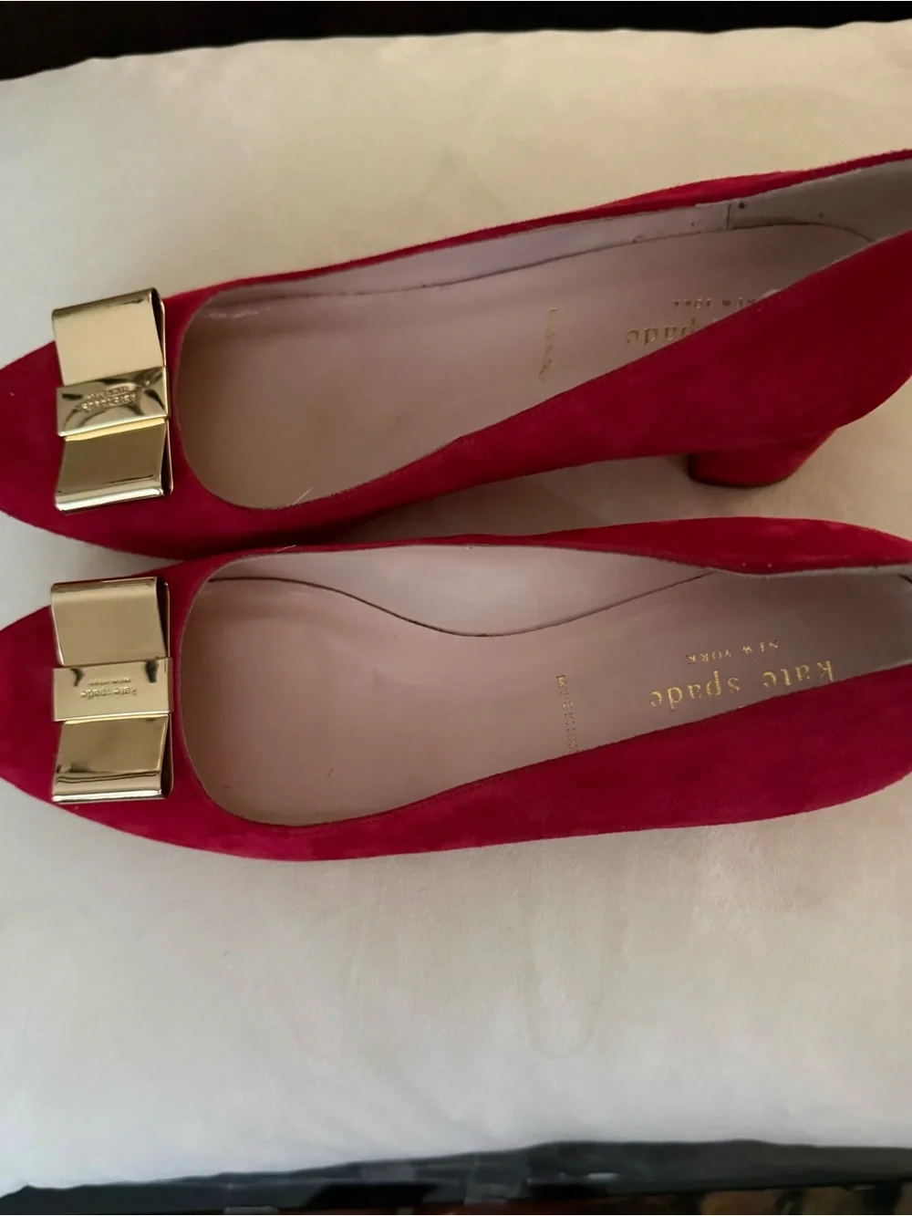 kate spade Red Suede Mid Block Heels with Gold Bow